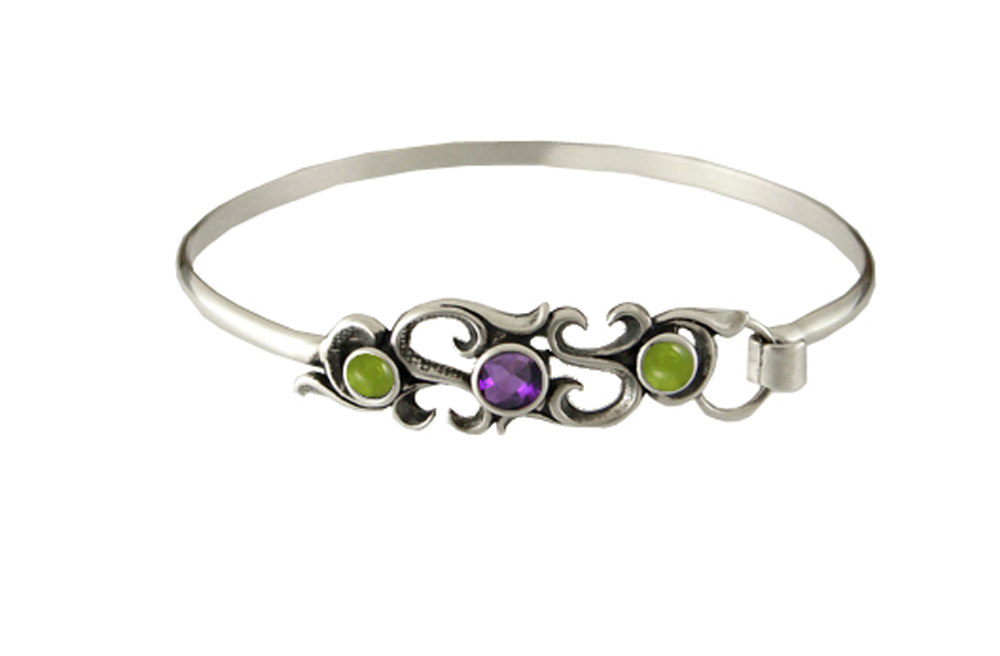 Sterling Silver Filigree Strap Latch Spring Hook Bangle Bracelet With Amethyst And Peridot